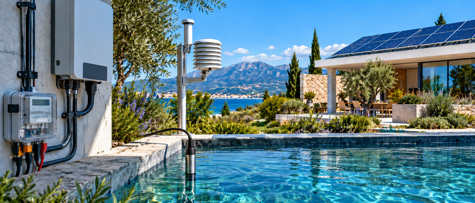 Misuratore elettrico, sensore dell’aria, pannelli fotovoltaici ed edificio accanto a una piscina con sonda, immagine illustrativa